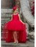Beaded Red Satin Tulle V Back High Low Flower Girl Dress